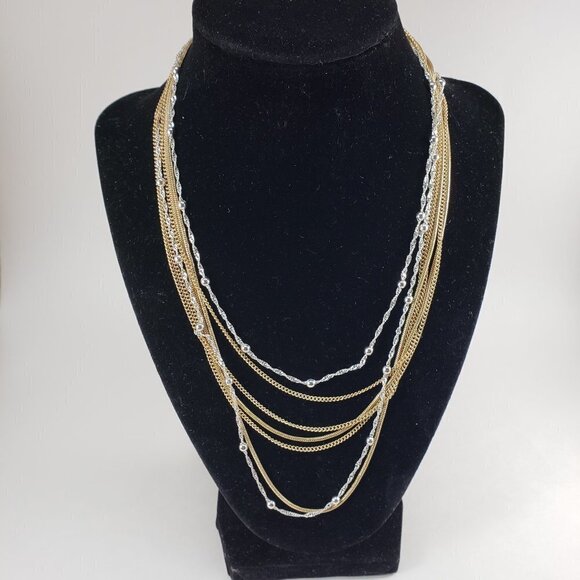 Multi-Strand Gold & Silver Dual-Tone Necklace with Matching Gold Stud Earrings - Picture 5 of 10